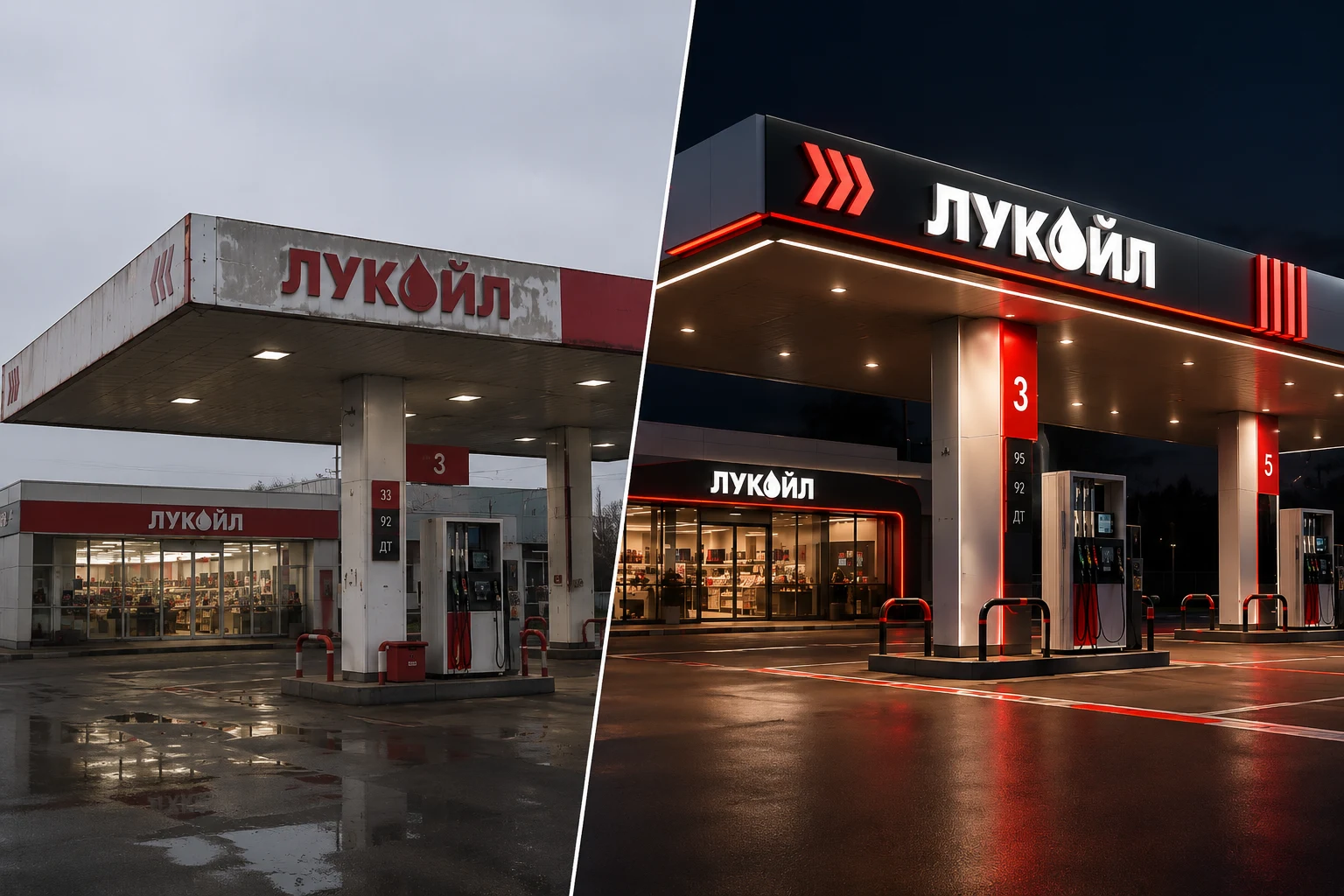 Сравнение вывески ЛУКОЙЛ: слева устаревшее оформление, справа современная яркая вывеска
