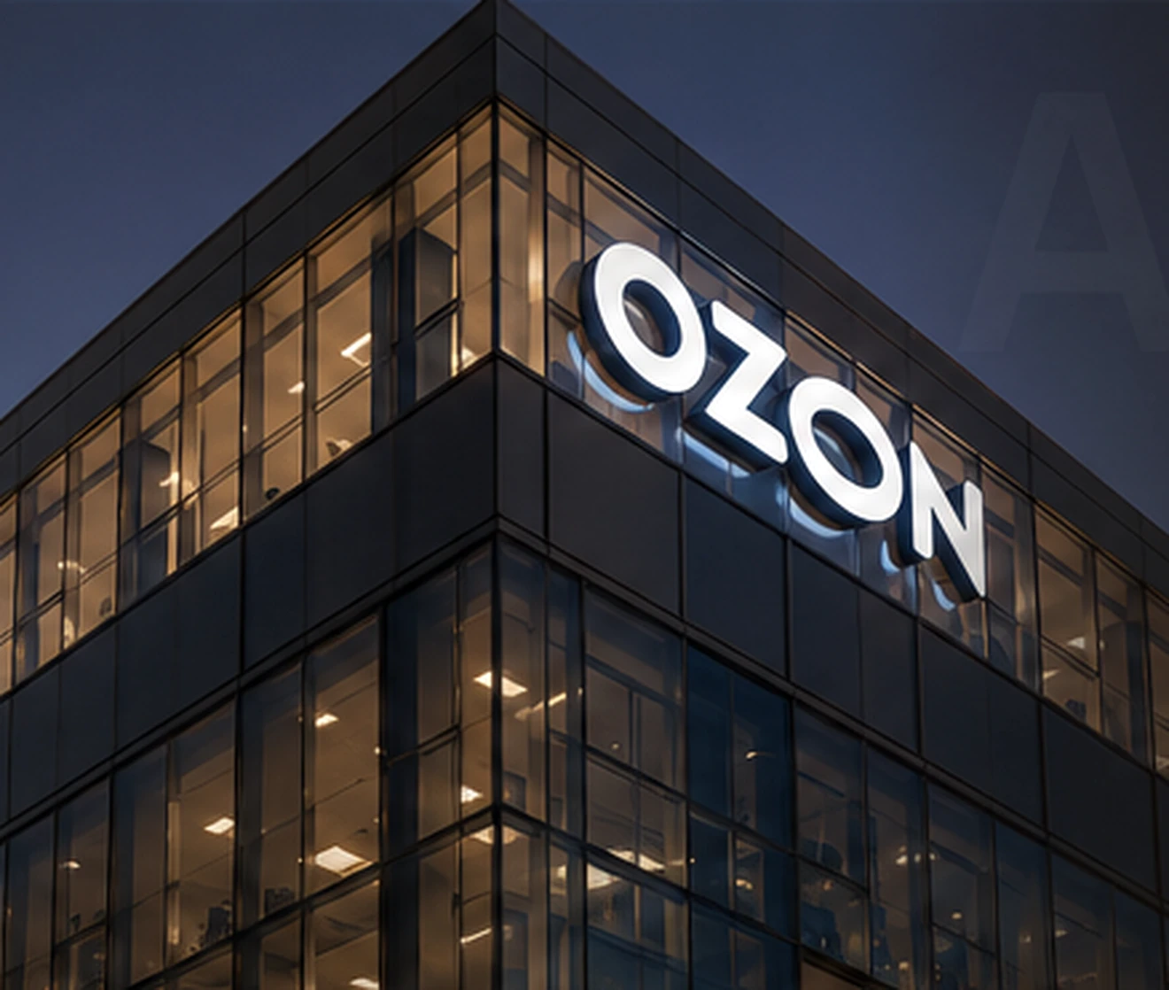Премиальная фасадная вывеска OZON с объемными буквами и мягкой подсветкой