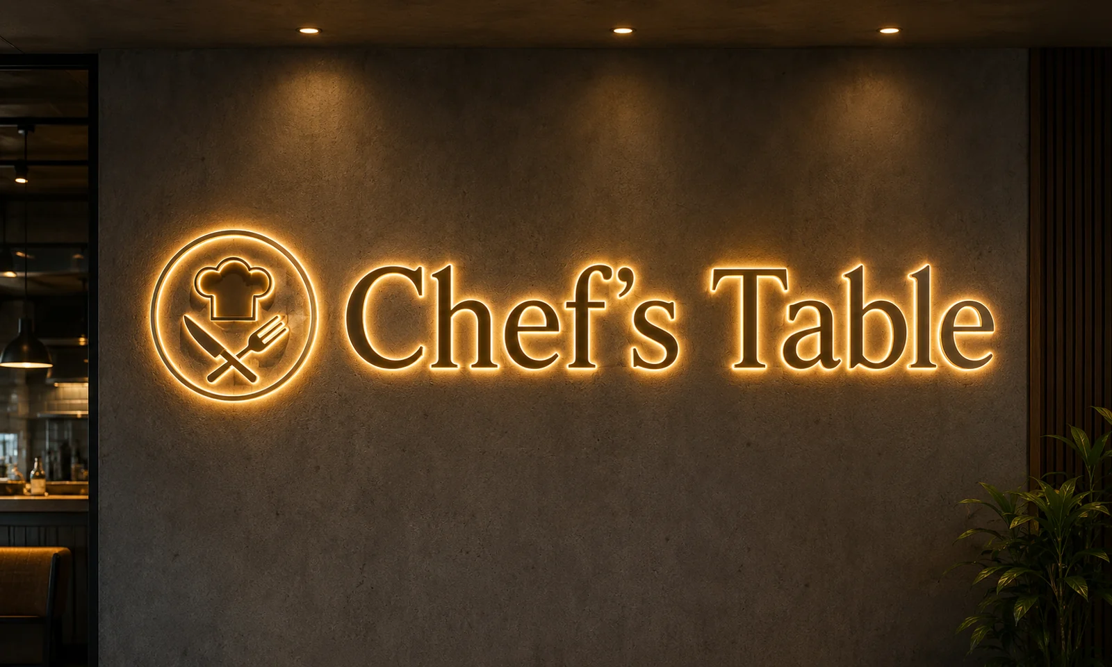 Готовая неоновая вывеска Chef's Table на интерьерной стене