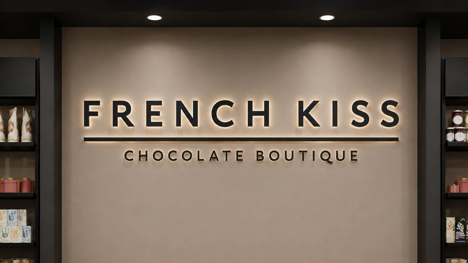 Готовая вывеска French Kiss Chocolate Boutique с теплой контражурной подсветкой