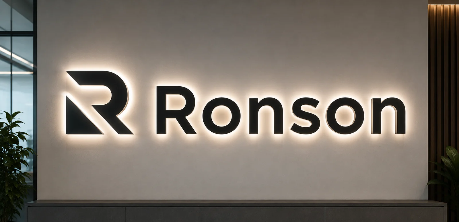 Готовая вывеска Ronson с объемными черными буквами и мягкой подсветкой
