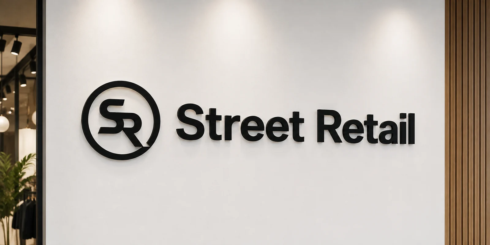 Готовая вывеска Street Retail с объемными черными буквами на светлой стене