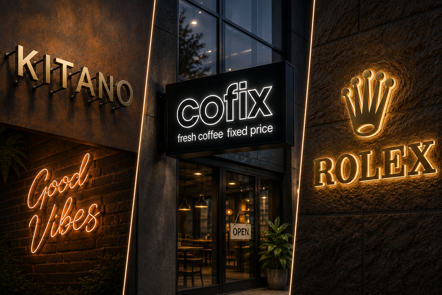 Коллаж фасадных световых вывесок Kitano, Cofix, Rolex и неоновой вывески