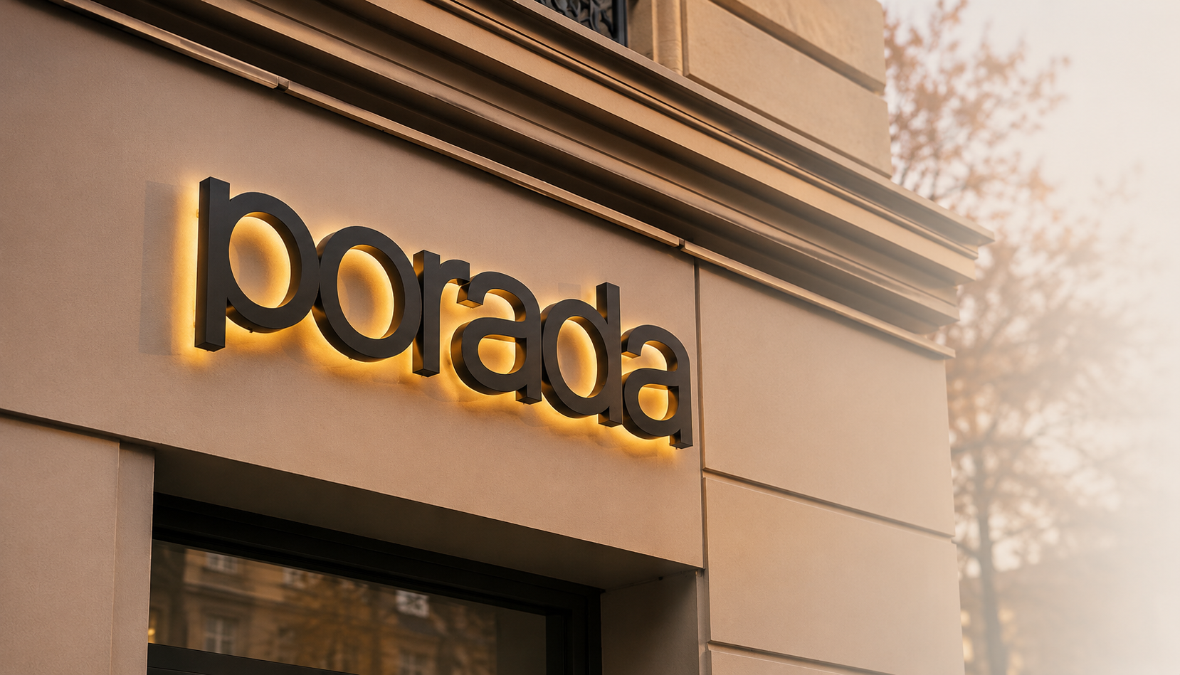 Объёмная световая вывеска porada с тёплой контражурной подсветкой на фасаде